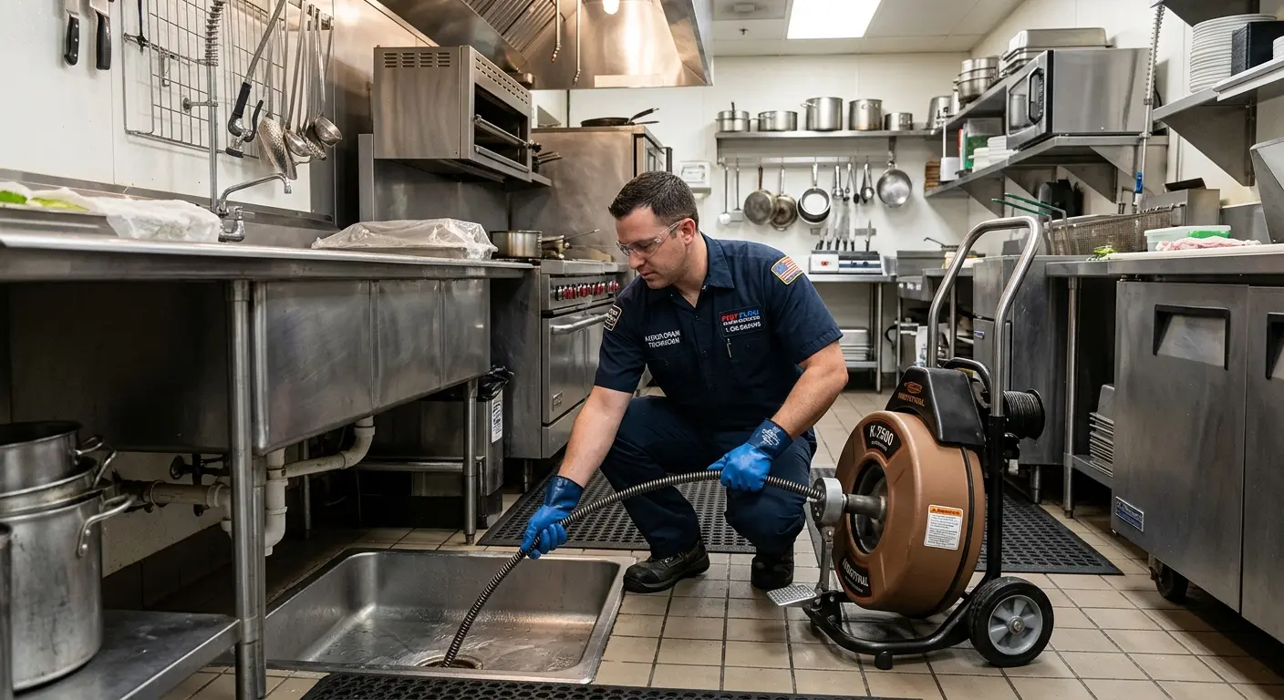 Commercial drain cleaning service in a restaurant kitchen in Waseca