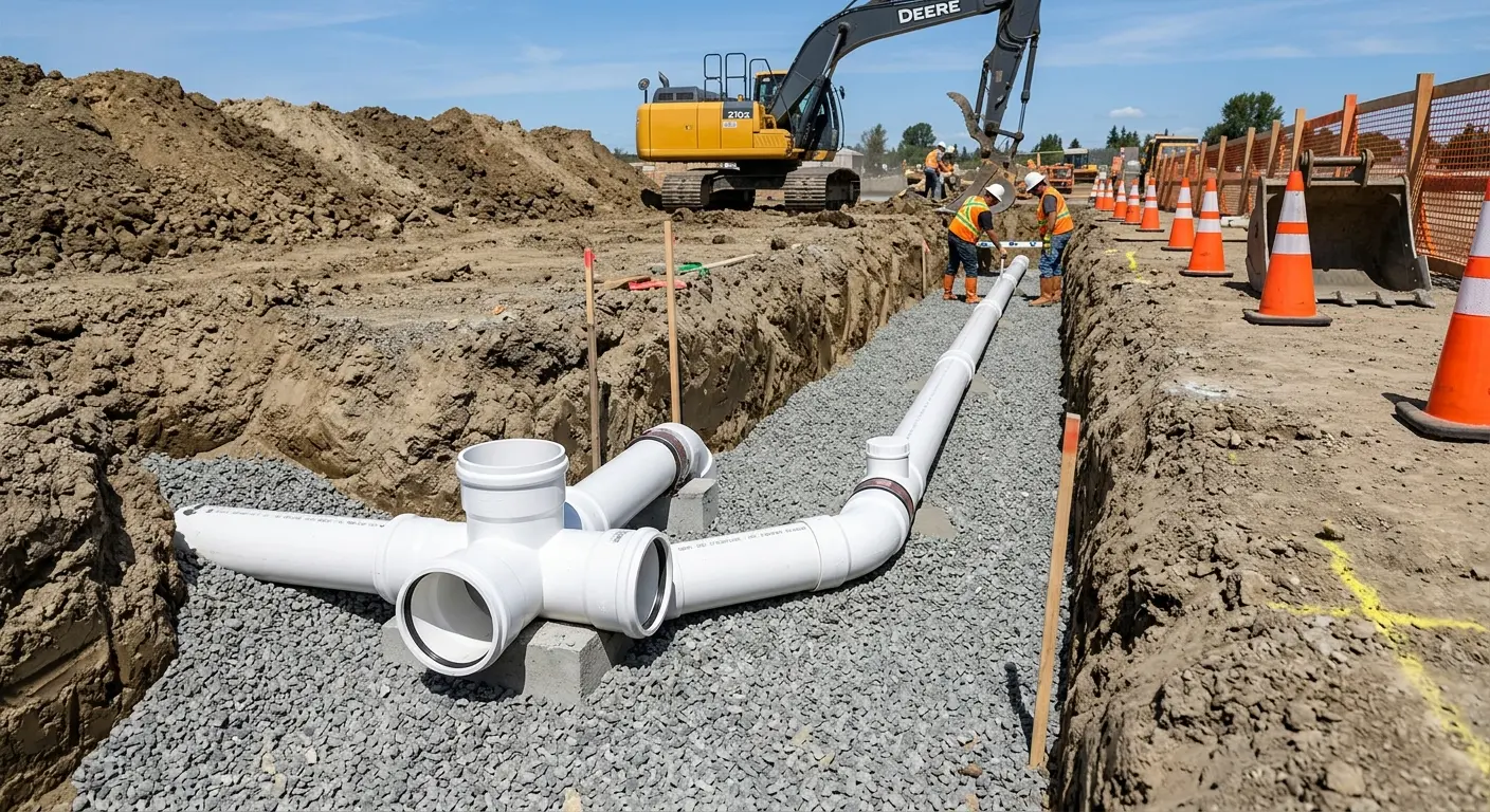 New PVC sewer pipe installation in open trench for Grease Trap Cleaning in Waseca