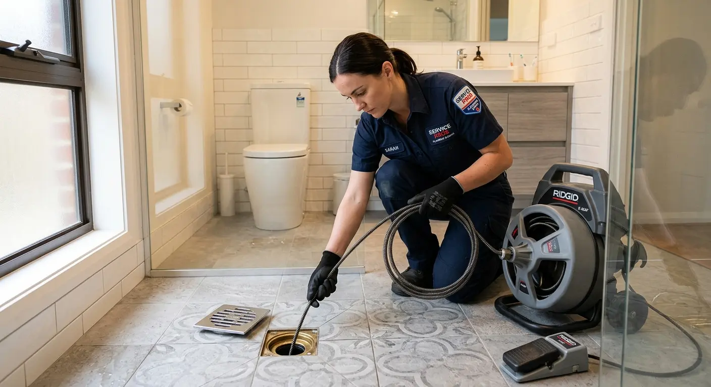 Technician clearing a bathroom floor drain for Sewer Line Installation in Waseca